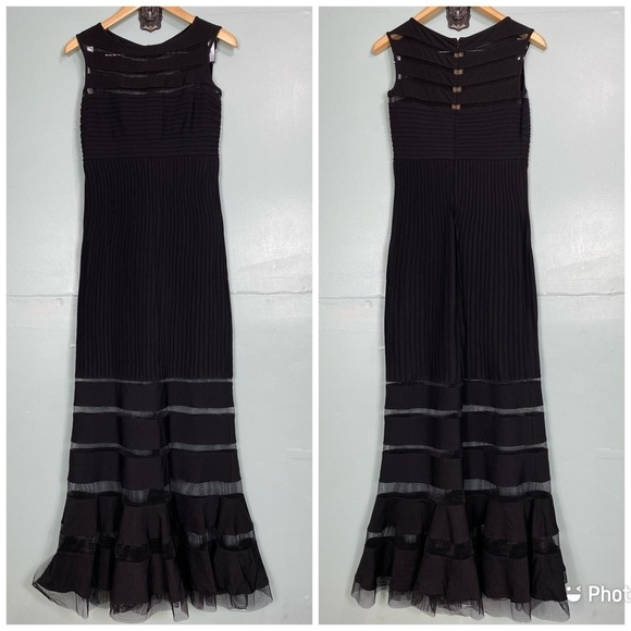 Tadashi Shoji Illushion Mesh Stripe Evening Gown Sz XS Black Maxi‎ - Picture 1 of 8